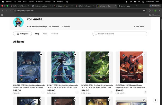 A screenshot of an eBay shop called 'roli-meta' selling Doge Legends TCG items including HUNTER 2026, PENNY 2026, BENDER 2026, and GIGATRON 2026 cards ranging from $70.00 to $82.00.