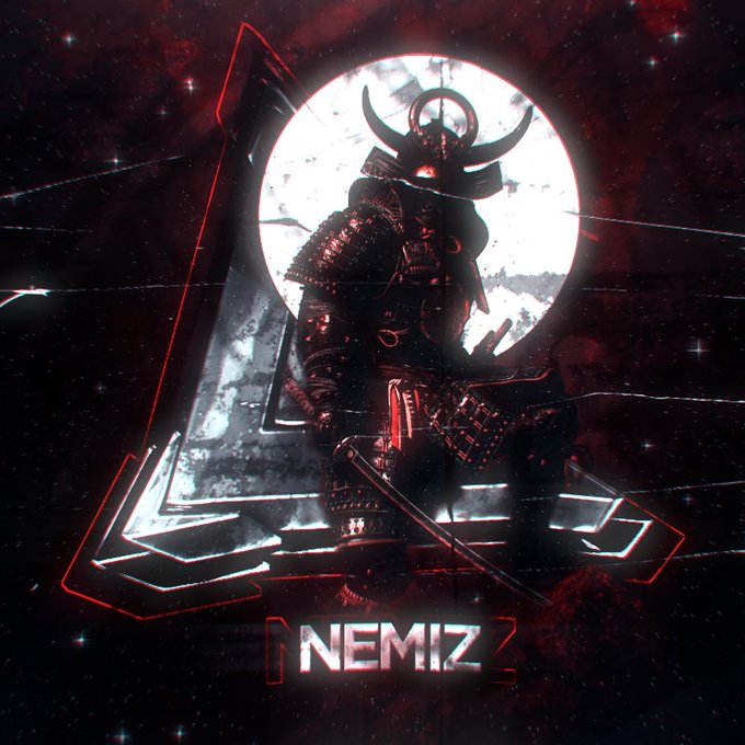 A dark, stylized digital artwork featuring a samurai figure silhouetted against a bright full moon, with the text "NEMIZ" at the bottom.