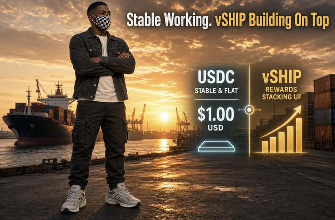 A promotional image showing a masked person at a shipping port with text 'Stable Working. vSHIP Building On Top,' comparing USDC ($1.00 USD) labeled 'STABLE & FLAT' with vSHIP labeled 'REWARDS STACKING UP' next to a rising bar chart.