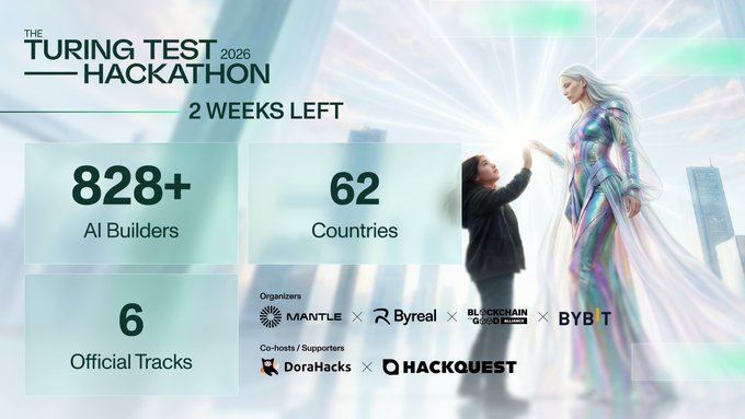 The image depicts a poster for an upcoming Hackathon titled "Turing Test 2018". The poster showcases two women with superpowers - one with a blue cape and the other with a red cape, along with the Hackathon logo at the bottom. It also provides information about how far in advance the event is taking place and the number of AI builders who have signed up to participate from around the world. The poster emphasizes that the Hackathon is less than two weeks away and highlights that over 6 tracks are being offered for competitors to showcase their skills, with a prize pool totaling $100,000.