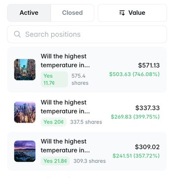 The image shows a Polymarket "Active" positions tab displaying three weather-related prediction markets about "Will the highest temperature in..." with values ranging from $309.02 to $571.13, all showing significant gains (357.72% to 746.08%) on Yes positions. This illustrates the trader's strategy described in the caption of buying low-priced Yes shares (11.7¢ to 21.8¢) on weather predictions and waiting for them to pay out at full value, contributing to their impressive $27,792 all-time PnL.