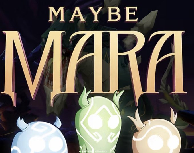 A stylized graphic with bold gold text reading 'MAYBE MARA' displayed above three glowing cartoon spirit-like creatures with horns against a dark purple background.