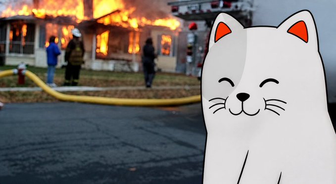 A scene showing firefighters responding to a house fire with flames and smoke, overlaid with a cartoon illustration of a smiling white cat with orange ears in the foreground.