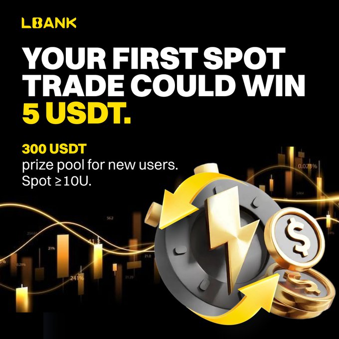 The image is a promotional graphic for LBank advertising a 300 USDT prize pool for new users, featuring bold text "YOUR FIRST SPOT TRADE COULD WIN 5 USDT" alongside gold trading candlestick charts and an icon of a timer/coin with a lightning bolt, visually emphasizing the spot trading promotion and time-limited opportunity mentioned in the post.