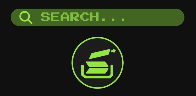 A dark interface features a green pixelated "SEARCH..." bar at the top and a circular icon below depicting a stack of books in neon green. The styling evokes a retro tech aesthetic, suggesting a user is actively looking up information about an upcoming Solana airdrop.