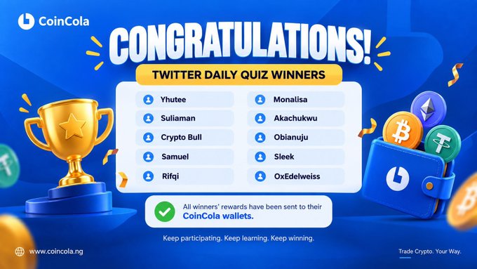 A CoinCola promotional graphic announcing Twitter Daily Quiz Winners (Yhutee, Monalisa, Suliaman, Akachukwu, Crypto Bull, Obianuju, Samuel, Sleek, Rifqi, 0xEdelweiss) with rewards sent to their CoinCola wallets.