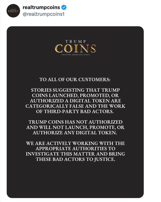 The image is a statement from the official Trump Coins account (@realtrumpcoins1) distancing itself from unauthorized digital token promotions, specifically denying involvement with the meme token $GOLD and stating they are working with authorities to investigate third-party actors who falsely claimed affiliation with the brand.