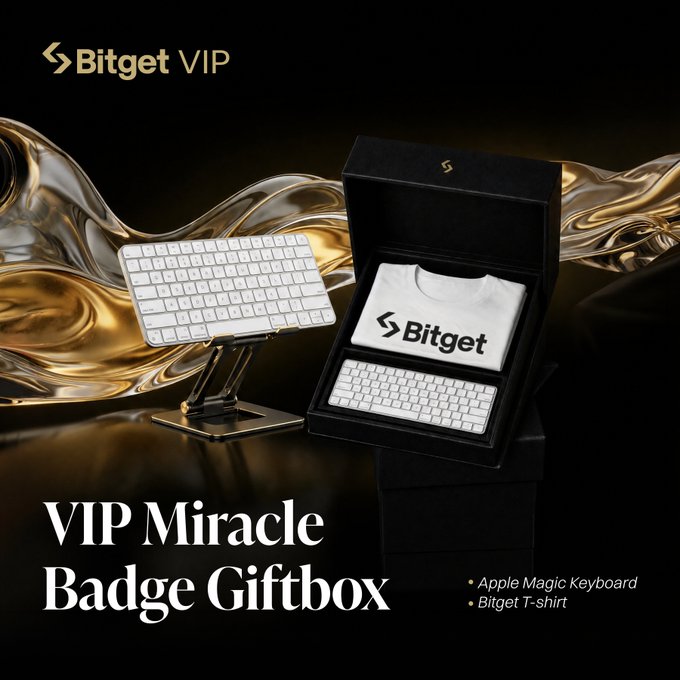 A promotional advertisement for Bitget VIP showcases a 'VIP Miracle Badge Giftbox' containing an Apple Magic Keyboard and a white Bitget T-shirt, set against a flowing gold and black backdrop.