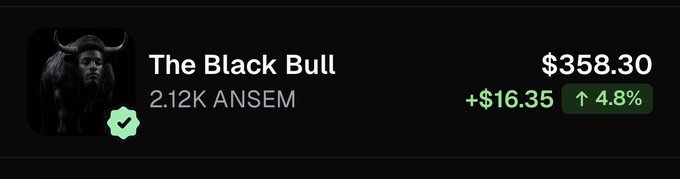 A black bull logo accompanies the token "The Black Bull" priced at $358.30, up $16.35 (4.8%), with 2.12K holders of the $ANSEM token, likely referenced in the post about receiving $350 from trading $ANSEM pairs on PumpFun.
