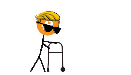 A cartoon stick figure with a Trump-like orange face, blonde hair, sunglasses, and a bandage stands leaning on a walker.