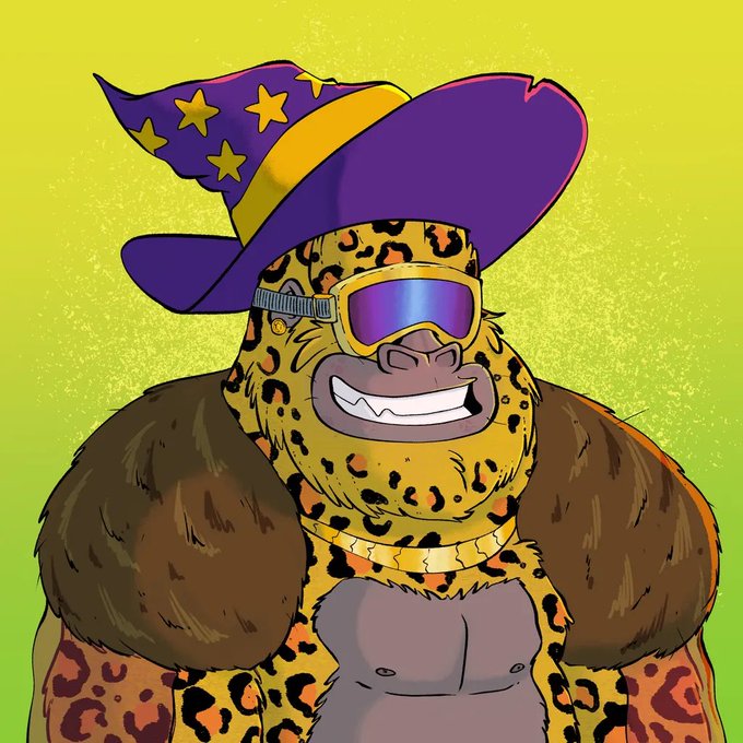 A stylized illustration features a muscular leopard-like character with a spotted yellow coat, brown fur shoulders, a gold chain, ski goggles, and a purple wizard hat adorned with yellow stars, set against a textured yellow-green background. The image's whimsical, "pilled" aesthetic complements the playful "Grand rising, XRPL!" greeting, evoking the energetic and bullish spirit of the XRP Ledger community.