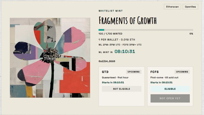 A 'FRAGMENTS OF GROWTH' NFT whitelist mint page on Ethereum showing 100/1,700 minted at 0.019 ETH with a countdown timer at 08:10:31.