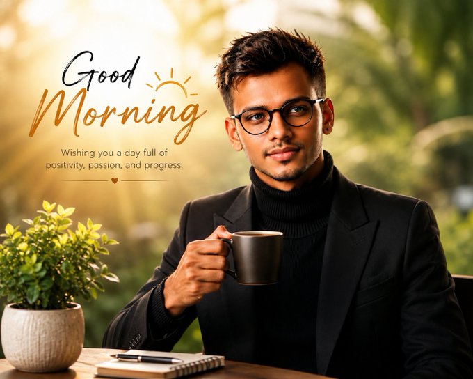 A "Good Morning" greeting image featuring a young man in glasses and a black turtleneck blazer holding a coffee mug at a table with a potted plant, with the text "Wishing you a day full of positivity, passion, and progress."