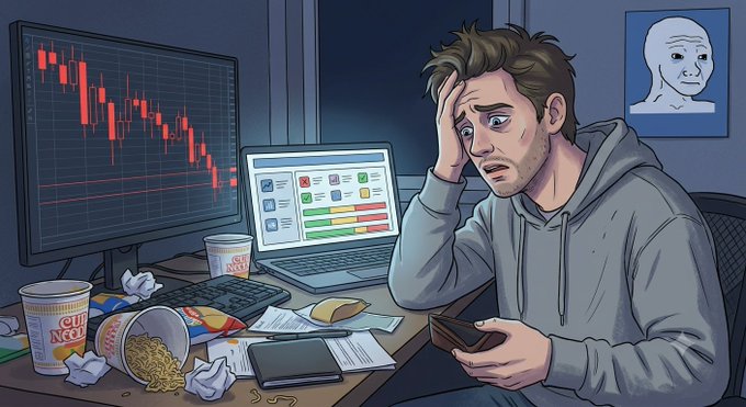 A cartoon illustration of a distressed trader looking at his phone with a facepalm gesture, sitting at a messy desk with Cup Noodles containers, while a monitor displays a red downward-trending candlestick chart.