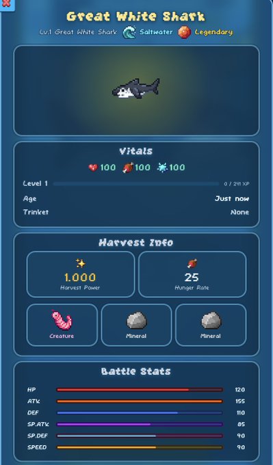 Video game creature info card for a Level 1 Legendary Great White Shark (Saltwater) showing vitals at 100, harvest power of 1,000, hunger rate of 25, and battle stats including 120 HP and 155 ATK.
