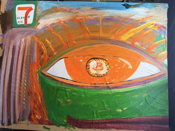 An expressive painting of a large orange eye with eyelashes, featuring a 7-Eleven logo sticker in the top left corner labeled "ELEVEN PEPE".