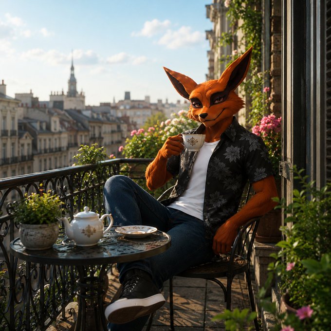 The image features an orange fox wearing a top hat sitting at a table with a teapot and saucer. The fox appears to be enjoying his tea, possibly from a nearby café or restaurant. In the background, there are buildings that suggest an urban setting. The caption of the image includes information about a Realnad NFT on @monad i have a feeling they're gonna cook, and as usual the rep battle on @4uaicrypto continues.