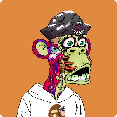 A colorful digital illustration of a green zombie-like ape wearing a black bandana with a skull, smoking a cigar, and sporting a third eye on its forehead, set against an orange background.