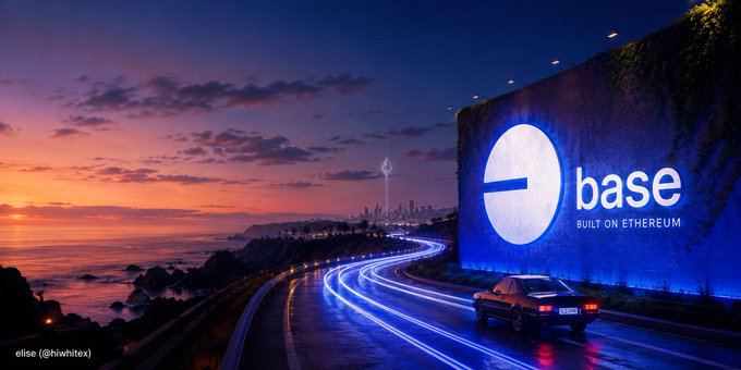 Digital artwork depicting a sunset coastal highway scene with a large illuminated 'base' (Built on Ethereum) billboard, credited to elise (@hiwhltex).