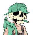 A stylized illustration of a skull wearing a green military-style cap and a shoulder harness, with a green snake coiled around its neck.