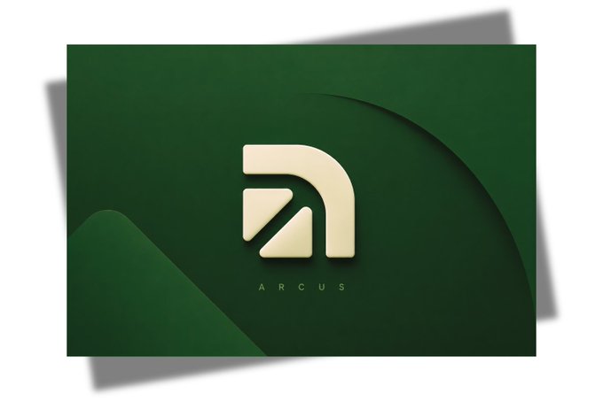 The image showcases the Arcus logo—featuring a stylized "A" design in cream/gold against a dark green background—paired with the wordmark "ARCUS," visually reinforcing the brand celebrating its recent $100M+ trading volume milestone in just 22 days since launch.