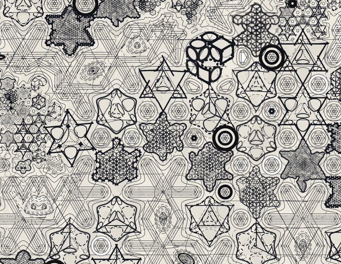 An intricate black and white geometric pattern composed of repeating hexagons, stars, and abstract shapes that resembles circuit board or kaleidoscope designs.