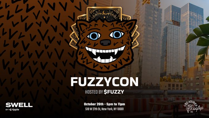 Promotional graphic for "FUZZYCON," hosted by $FUZZY on October 26th from 5pm to 11pm at 518 W 27th St, New York, NY 10001, featuring a stylized brown furry mascot logo against a cityscape backdrop, with "SWELL" branding and "Creatures & Crypto NYC" logos visible, reflecting the event's mission of transitioning the digital crypto community into real-world gatherings.