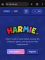 The image shows a phone screen displaying an app called "harmies", which has a colorful design with letters and numbers, possibly representing different aspects of the app or its features. The background of the image is blue, and there are several buttons on the screen that could be used for navigation or interaction with the app. The post also mentions that the app is available for download at the bottom left corner of the screen.