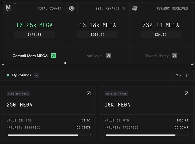 A MEGA crypto dashboard showing Total Commit 10.25k MEGA ($478.28), Est. Rewards 13.18k MEGA ($615.32), Rewards Received 732.11 MEGA ($34.16), with two active positions.