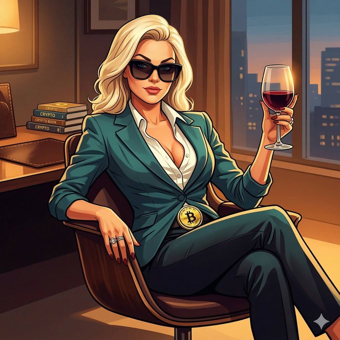 A digital illustration of a blonde woman in a teal suit with a Bitcoin belt buckle, holding a glass of wine in an office setting with crypto books in the background.