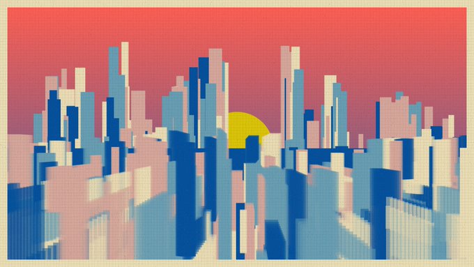 A pixel art style illustration depicting a city skyline with blue, white, and pink buildings silhouetted against a red sky with a yellow sun.