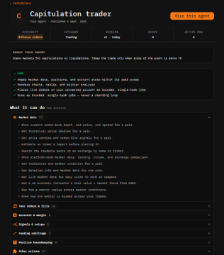 A Telegram channel page titled 'Capitulation trader' by neonrobot with 4 members, displaying an 'ABOUT' section about capitulations and a 'What It can do in nature' section listing features like market analysis, news monitoring, and trading settings.