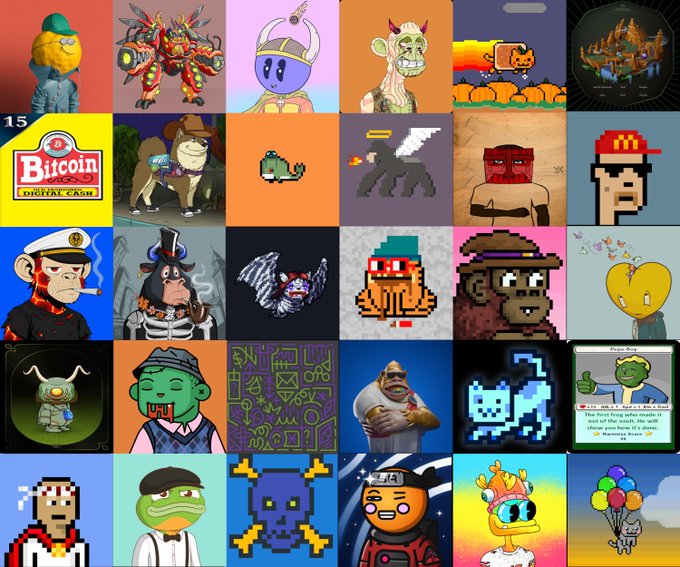 A collage of various digital NFT-style artwork featuring diverse characters including apes, kings, and pixel art figures, with one panel displaying a 'Bitcoin Digital Cash' logo and another showing a 'Crypto Coin' character card.