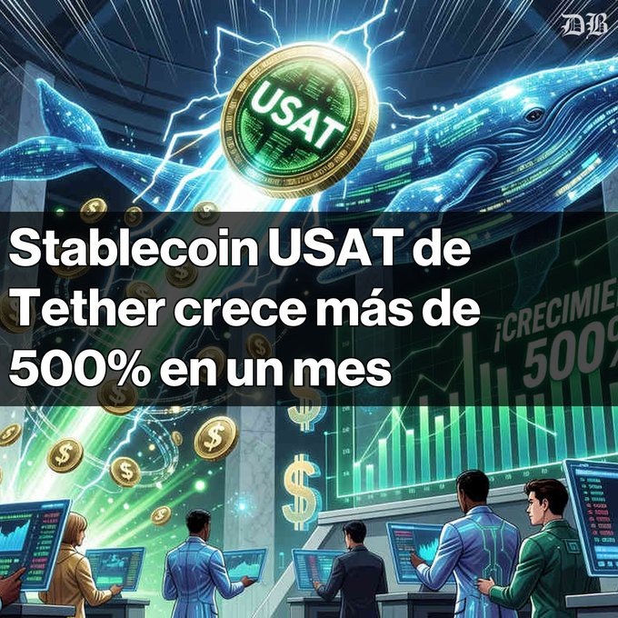 The image shows five people standing around a computer monitor at an office. The people are dressed in business attire with ties visible. Behind them is a large screen displaying a chart or graph that appears to be related to finance, possibly stock prices or economic indicators. In the foreground of the image, there's a small coin with the words "STABLEcoin USAT de Tether El suministro de USAT se multiplicó en más de 500% en abril, alcanzando USD $140,8 millones Este aumento se atribuye a un mayor usa institutional en tesorería y gestión de liquidez A pesar del salto". The phrase "USAT" is visible on the coin and above it.