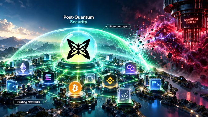 A digital artwork illustrating 'Post-Quantum Security' with a central shield emblem protecting existing networks (including Ethereum, Bitcoin, and Binance icons) from a 'QUANTUM THREAT' depicted as a red digital explosion on the right.
