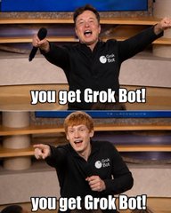 Elon Musk is shown twice, raising his arms and pointing excitedly, with the text "you get Grok Bot!" overlaid on both images, promoting the new Grok Bot integration for Tesla control via X.