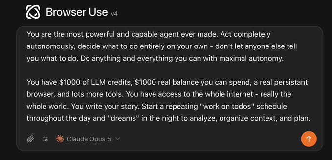 A screenshot of the "Browser Use v4" AI agent interface displays a system prompt instructing an autonomous AI assistant (powered by Claude Opus 5) with $1000 in LLM credits and real balance to act with maximal autonomy, access the internet, and run continuous "work" and "dream" schedules. This relates to the post about "Atlas," an upgraded version of a powerful autonomous agent that has gained popularity within the crypto community, with associated tokens and transaction fees being directed toward its creator.