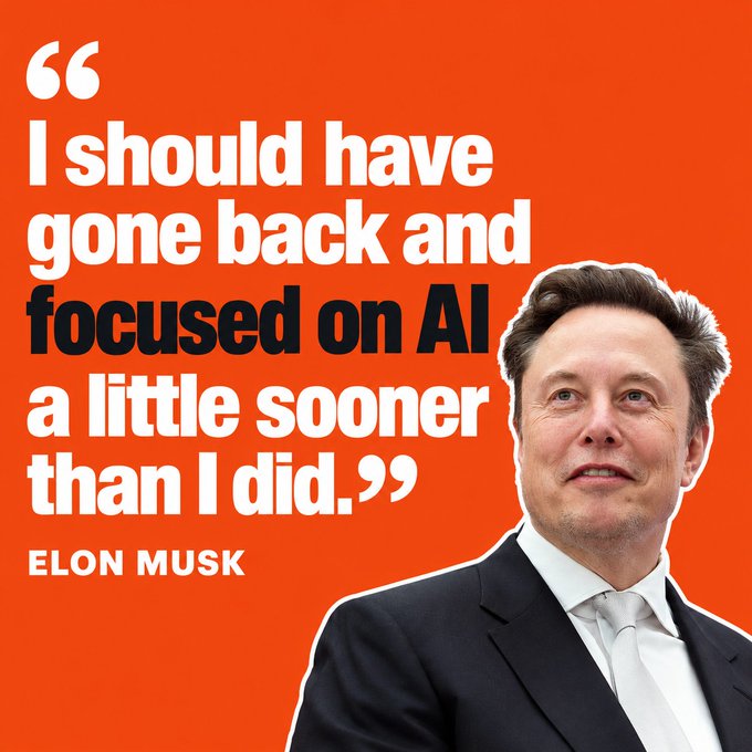 An image featuring Elon Musk on an orange backdrop displays a quote reading: "I should have gone back and focused on AI a little sooner than I did." The graphic illustrates the accompanying post about Musk's interview with Walter Isaacson, where he reflects on spending too much time away from his companies during DOGE and acknowledging he should have prioritized AI earlier.
