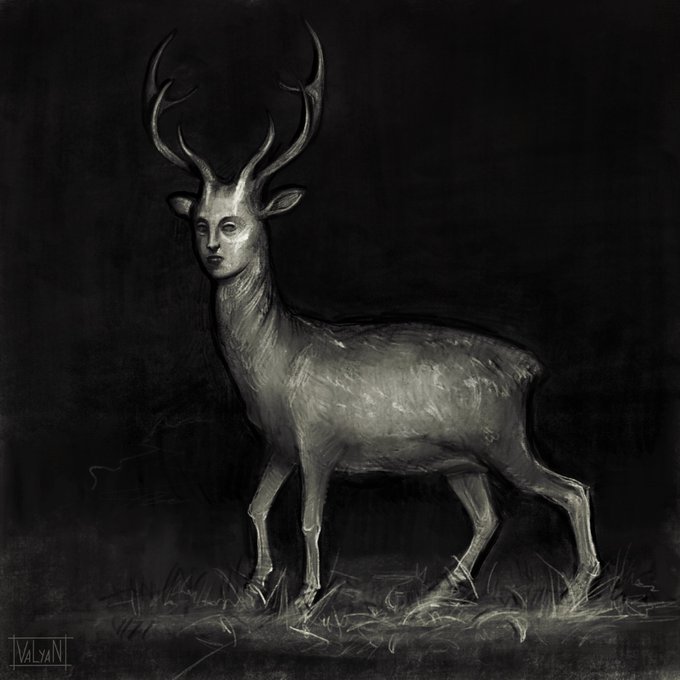 A monochromatic charcoal-style drawing depicts a deer-like creature with a pale, human-like face, large antlers, and a slender body standing in darkness, signed 'Valyan'.