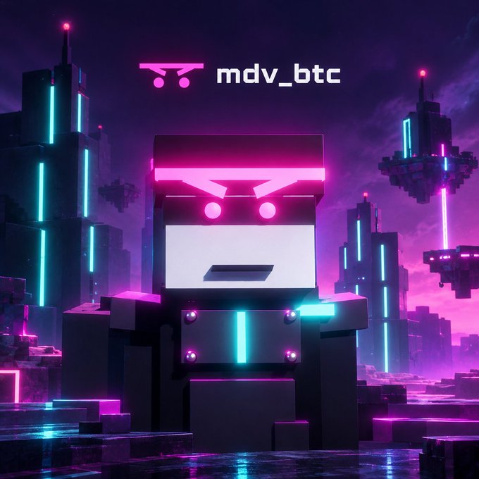 A 3D-rendered neon robot stands in a futuristic cyberpunk cityscape with purple and pink lighting. The logo 'mdv_btc' with a pink drone-like icon is displayed at the top center.