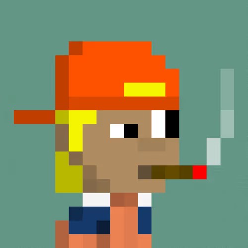 A pixel art character wearing an orange cap, smoking a cigar, with blonde hair and orange prison-style clothing, set against a teal background.