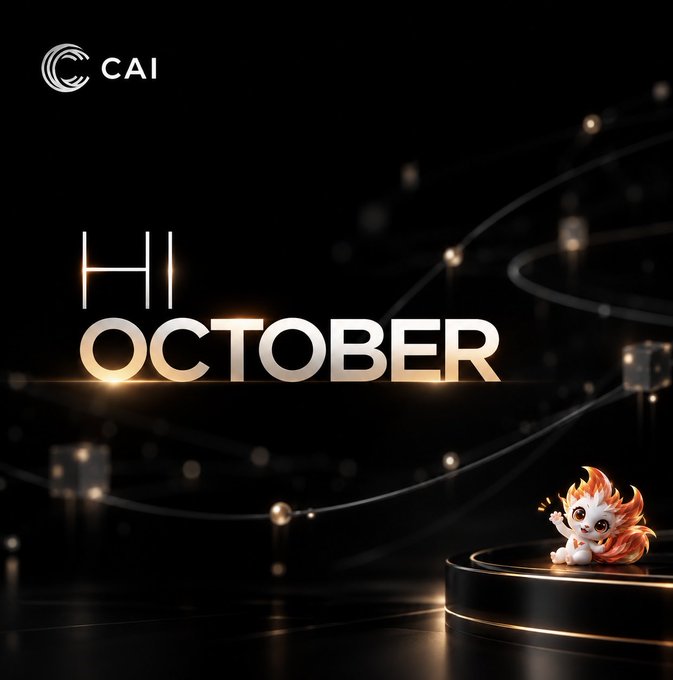 A sleek black graphic displays "HI OCTOBER" in bold white and gold lettering, with the CAI logo in the top corner and a cute orange-and-white animated character waving from a lit pedestal in the bottom right.

The image serves as a monthly welcome banner marking the start of October, visually introducing the post's theme of building momentum around VANTA within the CAI ecosystem for the new month.
