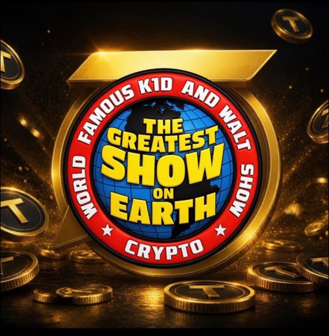 A promotional graphic for crypto featuring a circular badge reading 'THE GREATEST SHOW ON EARTH CRYPTO' surrounded by gold coins with a 'T' symbol.