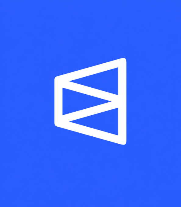 Minimalist white logo consisting of stacked triangular shapes on a solid blue background.