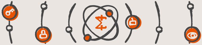An illustrative graphic depicting six orbiting spheres with icons representing various data concepts, including a key/lock for security, a central atom symbol for data/technology, and an eye for observation, set against curved orbital lines.