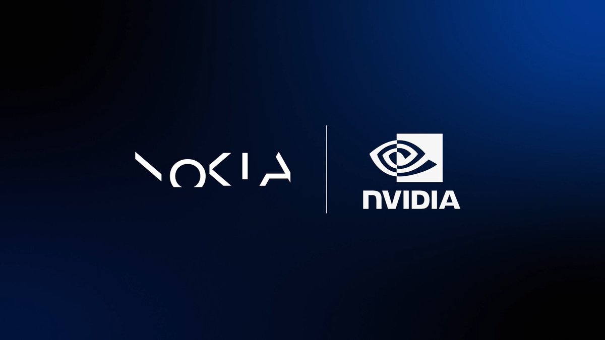 The image features the Nokia and NVIDIA logos side by side on a dark blue gradient background, visually representing the partnership announced in the post regarding Nokia's new AI-RAN platform built on NVIDIA computing technology, with the tickers $NOK and $NVDA referenced for their Solana-listed tokens.
