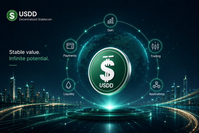 A USDD Decentralized Stablecoin promotional graphic with the tagline 'Stable value. Infinite potential,' showing a central coin with satellites for DeFi, Payments, Trading, Liquidity, and Applications.
