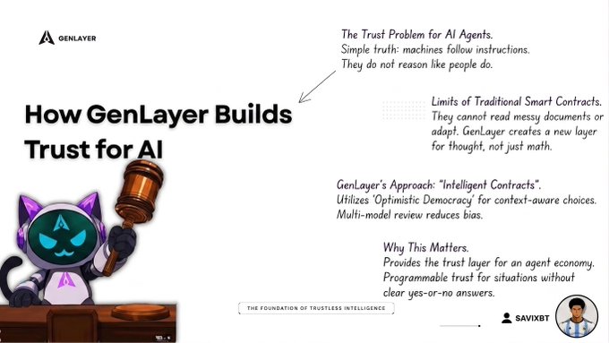 An infographic titled "How GenLayer Builds Trust for AI" featuring a cartoon cat judge mascot, explaining GenLayer's solution to the AI trust problem through "Intelligent Contracts" that use "Optimistic Democracy" for context-aware decisions beyond traditional smart contracts, with the text "THE FOUNDATION OF TRUSTLESS INTELLIGENCE" and a "SAVIXBT" credit at the bottom.