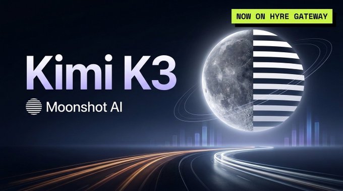 A promotional banner for 'Kimi K3 by Moonshot AI' featuring a large moon graphic with horizontal stripes on the right, a glowing light-trail road at the bottom, and a green tag reading 'NOW ON HYRE GATEWAY' in the top-right corner.