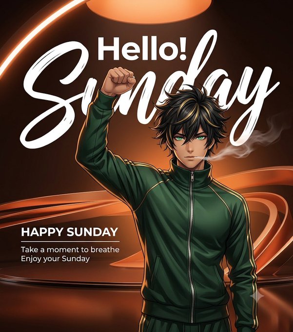 An anime-style male character with black hair and green eyes wearing a green tracksuit raises his fist, with 'Hello! Sunday' and 'HAPPY SUNDAY' text overlaid.